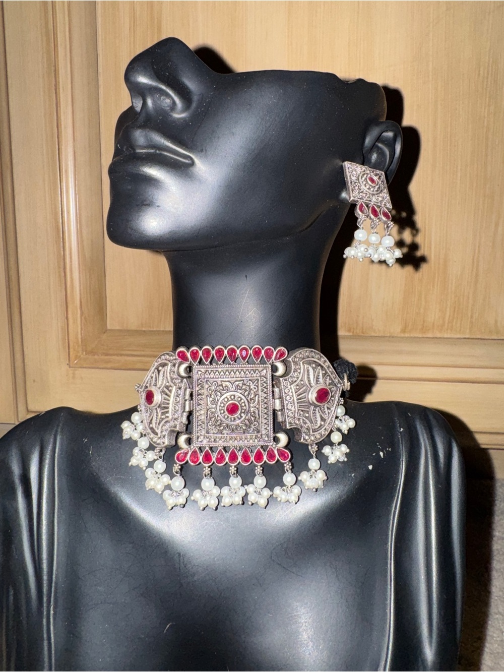 Oxidized Silver Choker Necklace with Ruby-Red Accents and Pearl Drops